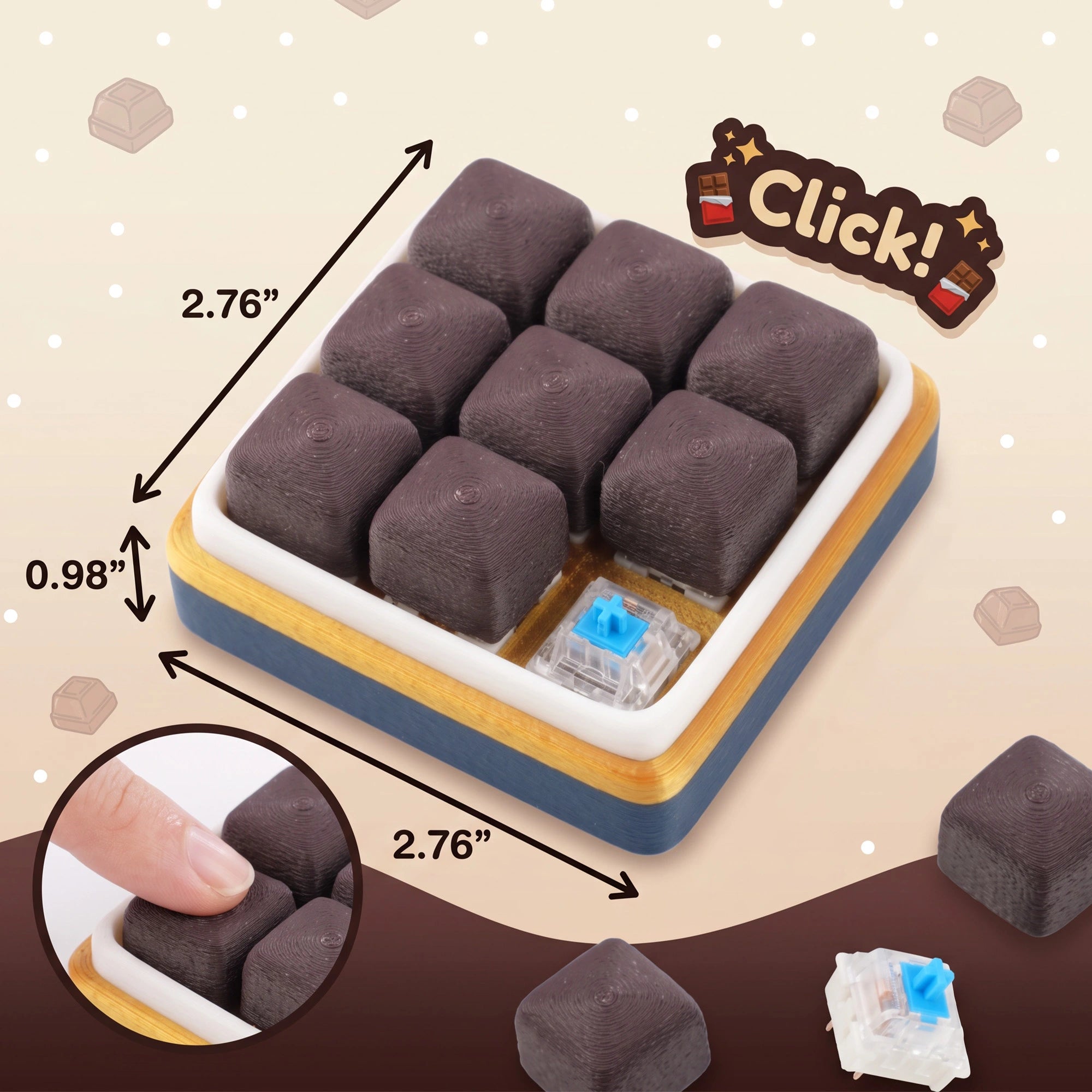 3D printed chocolate clicker fidget size guide